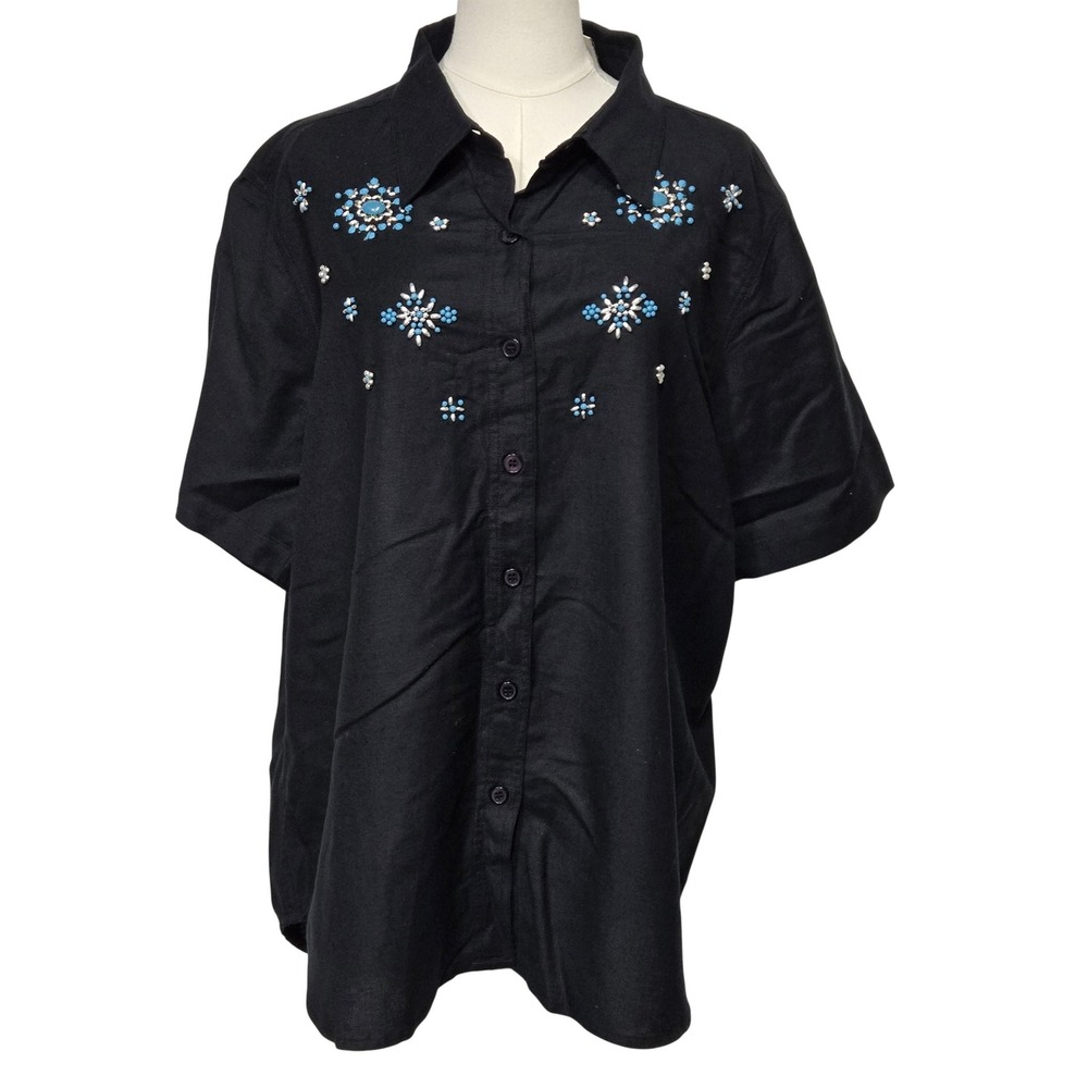 Lemon Grass Shirt Womens 20 Black Beaded Floral Short Sleeve Button Front Top